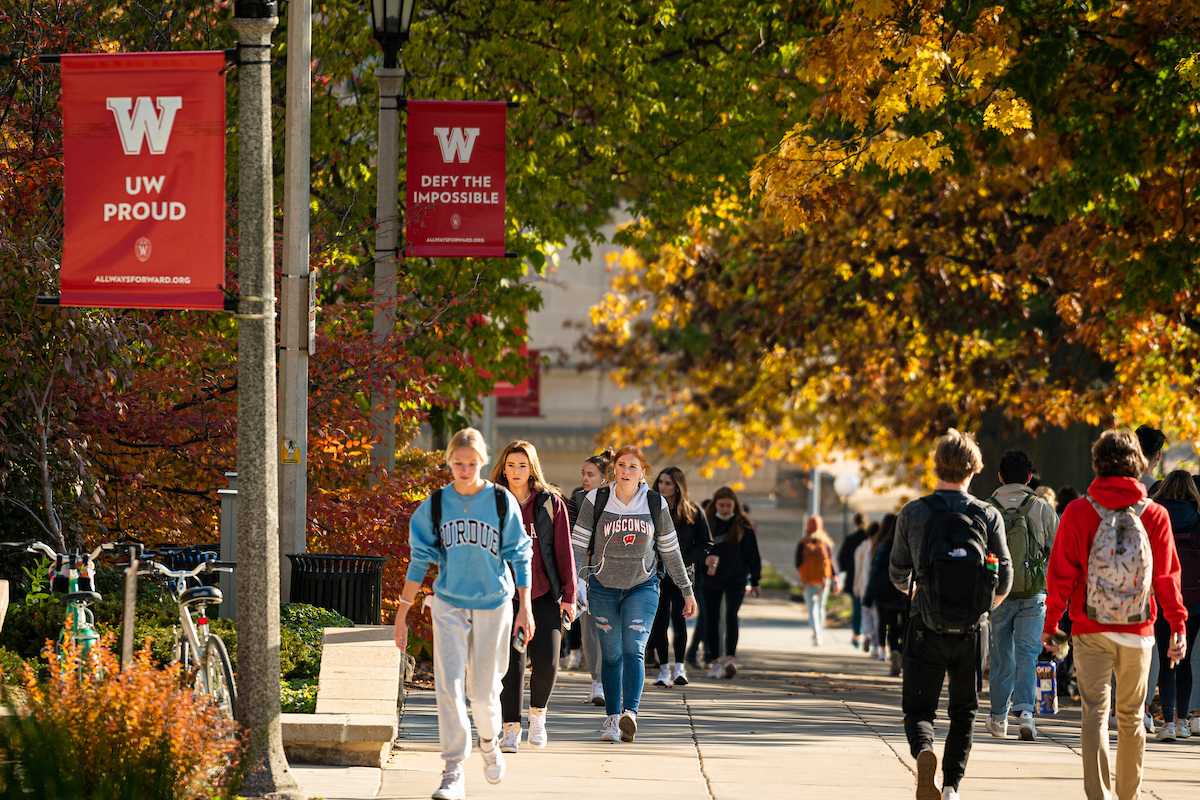 Students walking to classes on campus during Fall season. Photo by Bryce Richter / UW-Madison