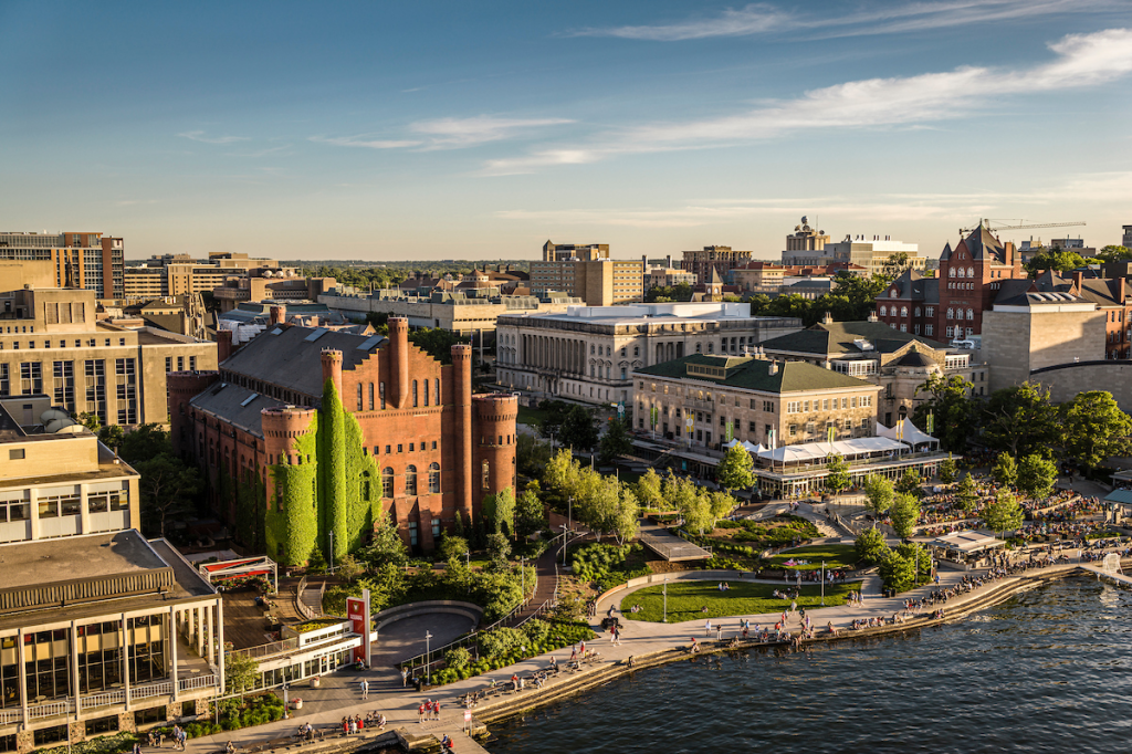 The terrace, the Red Gym, and the Memorial Union are photographed by a drone on a summer evening at the University of Wisconsin–Madison on June 10, 2024. (Photo by Bryce Richter / UW–Madison)